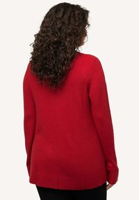 Czerwony sweter o miękkiej teksturze, z długimi rękawami i luźnym krojem. Posiada zaokrąglony dół i boczne rozcięcia dla większej swobody ruchów.