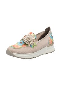Leichter Slip-On-Sneaker mit beigem Mesh-Obermaterial, blühendem Druck in Blau und Pink sowie einem Stoffblumenakzent auf dem Rist. Strukturiertes Profil.