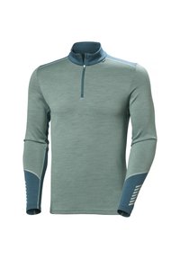 Camiseta de manga larga verde claro con cuello con cremallera, acentos contrastantes en azul en los hombros y las mangas, tejido texturizado y detalles estampados en las mangas.