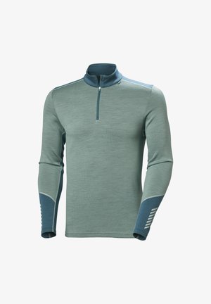 Lichtgroene langd mouwtop met een ritskraag, contrasterende blauwe schouder- en mouwaccenten, textuurstof en patroondetails op de mouwen.