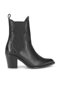 Bottines noires avec un design à bout pointu, fabriqu�ées en cuir lisse et dotées de panneaux latéraux en élastique, avec un talon carré modéré.