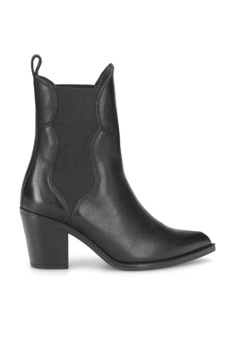 Bottines noires avec un design à bout pointu, fabriquées en cuir lisse et dotées de panneaux latéraux en élastique, avec un talon carré modéré.