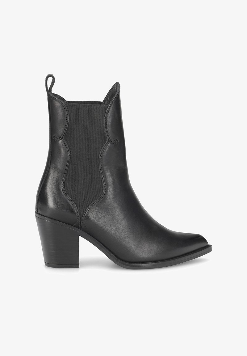 Bottines en cuir noir avec un bout pointu, des panneaux latéraux élastiques et un talon bloc effilé. Texture lisse, avec une couture décorative.