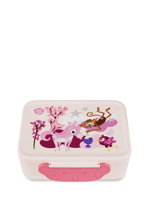 Plastic lunch box in pale pink with a colorful animal theme, featuring a unicorn, monkey, and bird, adorned with flowers and stars. Pink clasp.