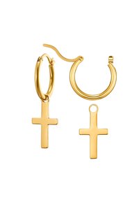 Goldene Creolen mit einer glatten Oberfläche und abnehmbaren Kreuz-Anhängern. Die Ohrringe haben eine polierte Textur und eine kreisförmige Form.