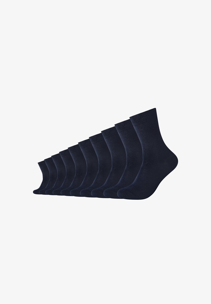 Calze di cotone blu navy, lunghezza alla caviglia, con una texture liscia. Dodici paia mostrati in un allineamento ordinato, con polsini a costine.