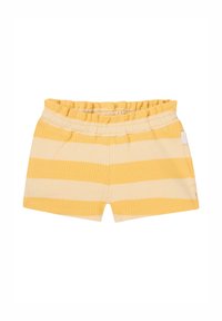 Shorts rayés jaunes et crème avec une taille élastique. Le tissu a une texture côtelée et présente un détail de tag sur le côté.