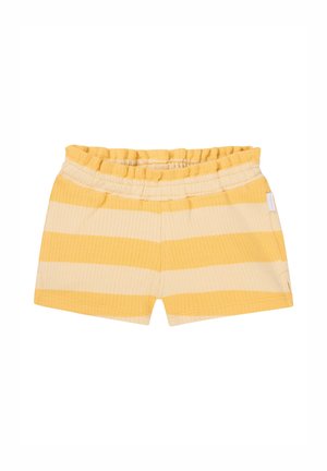 Geel en crèmekleurige gestreepte shorts met een elastische tailleband. De stof heeft een geribbelde textuur en bevat een zijlabeldetail.