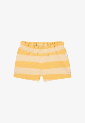 Gelbe und cremefarbene gestreifte Shorts mit einem elastischen Bund. Der Stoff hat eine gerippte Textur und verfügt über ein seitliches Etikett.