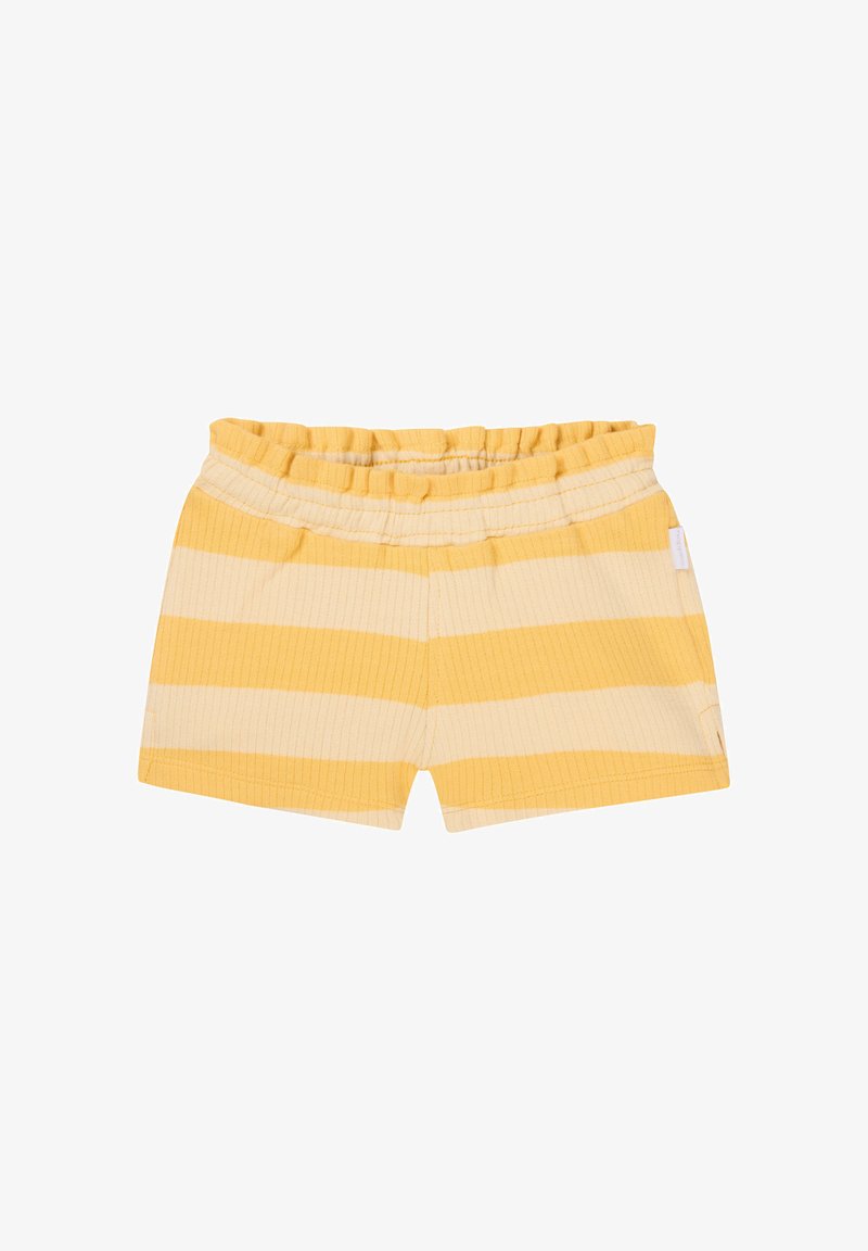 Yellow and cream striped shorts with an elastic waistband. The fabric has a ribbed texture, featuring a side tag detail.