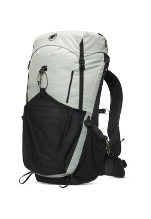 Light grey and black backpack with a textured surface, adjustable straps, and a mesh side pocket for additional storage.