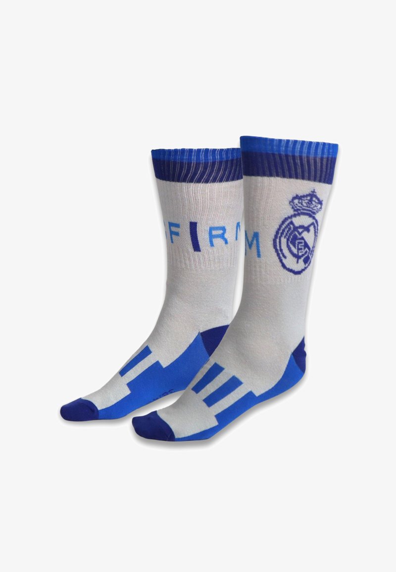 Calze bianche e blu con logo, caviglia a coste e motivi geometrici. Progettate per l'uso atletico, con lavorazione a maglia testurizzata per il comfort.