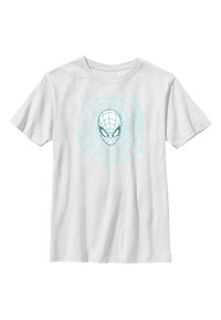 Biała bawełniana koszulka z niebieskim wzorem pajęczyny i sylwetką pająka na środku. Krótkie rękawy i fason z okrągłym dekoltem.