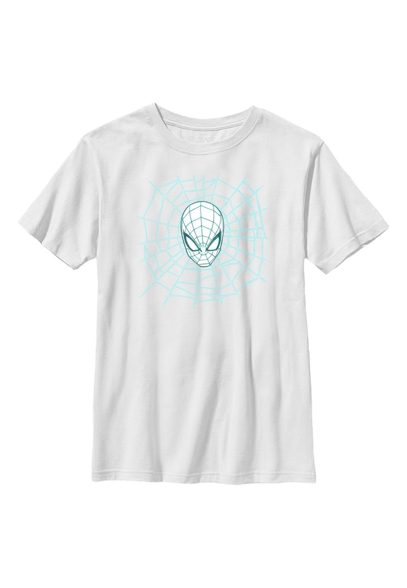 Biała bawełniana koszulka z niebieskim wzorem pajęczyny i sylwetką pająka na środku. Krótkie rękawy i fason z okrągłym dekoltem.