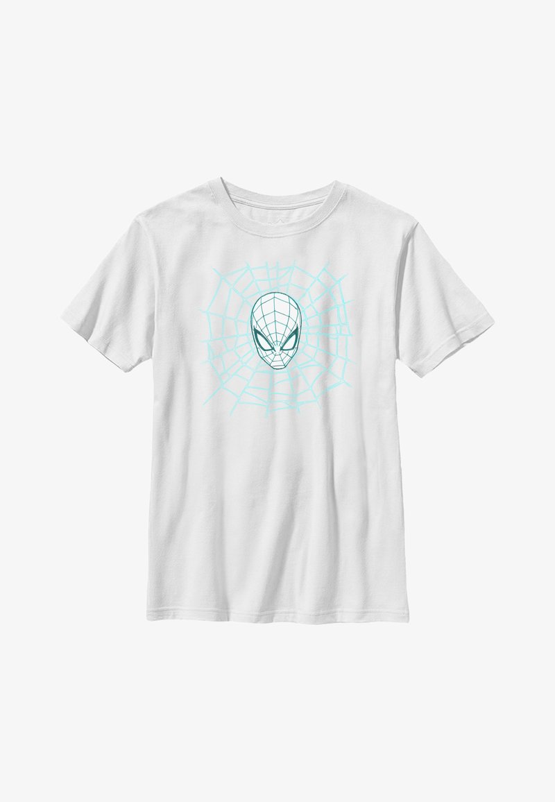 Biała bawełniana koszulka z niebieskim wzorem pajęczyny i sylwetką pająka na środku. Krótkie rękawy i fason z okrągłym dekoltem.