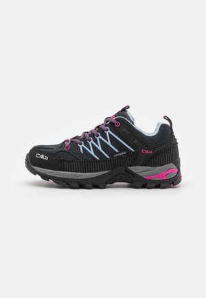 Black waterproof hiking shoe with pink accents, mesh upper, textured surface, and rugged sole for traction. Features grey details and laces.