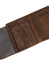 Braune Lederbörse mit mehreren Kartenfächern, einem Netz-ID-Halter und RFID-Schutz. Die Textur ist glatt mit sichtbaren Nähdetails.