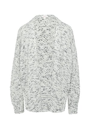 Leichter, offener Cardigan in Weiß mit dunklen Sprenkeln. Mit langen, leicht puffigen Ärmeln und einem lockeren Schnitt. Stricktextur.