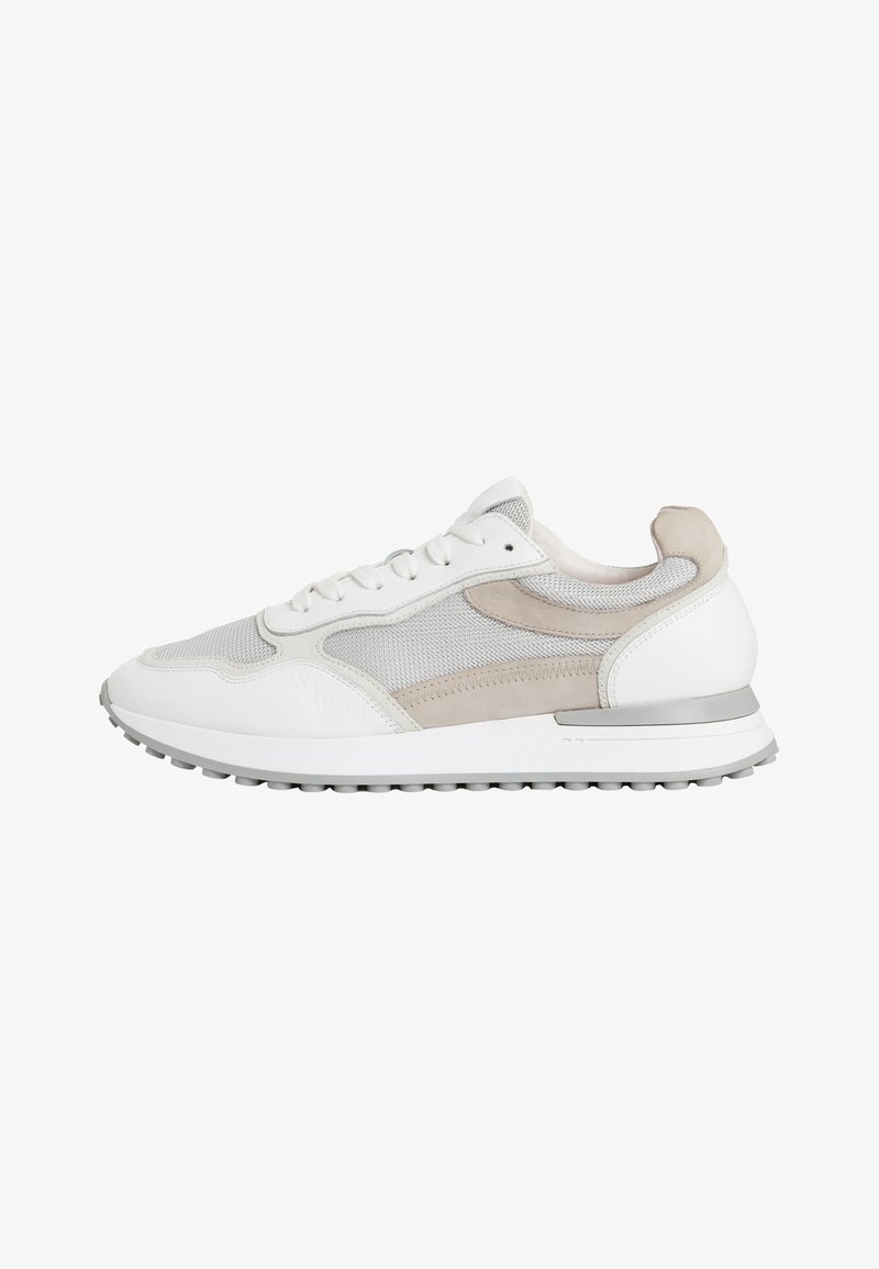 White and light grey sneakers with mesh and leather panels, rounded toe, lace-up design, cushioned sole, and silver accent on heel.