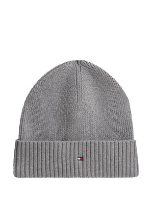 Gray ribbed knit beanie hat with folded cuff and small rectangular red, white, and blue logo on the front center.