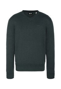 Dunkelgrüner V-Ausschnitt-Pullover mit langen Ärmeln, gerippten Säumen und Bündchen. Minimalistische Markenkennzeichnung auf der Brust. Aus weichem, glattem Stoff gefertigt.