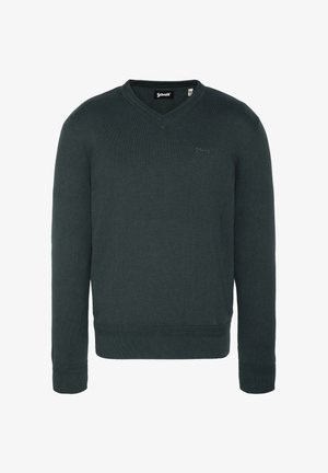 Mørkegrøn V-hals sweater med lange ærmer, ribbede manchetter og kant. Har minimal branding på brystet. Fremstillet af blødt, glat stof.