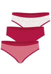 Trois paires de culottes pour femmes avec des designs variés : une paire unie rouge, une paire blanche avec des triangles multicolores et un design rayé rouge.