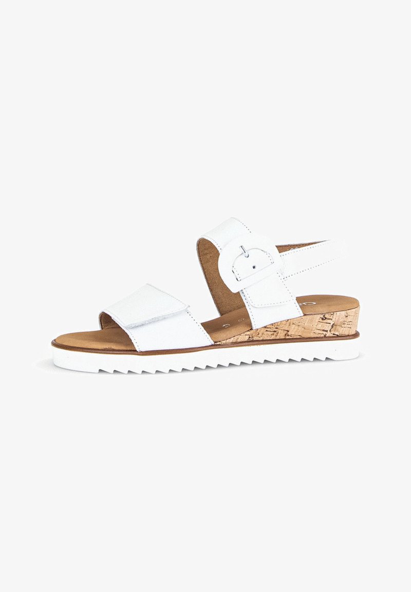 White wedge sandals with two adjustable straps, cork-textured heel, smooth faux leather material, and rubber sole with serrated edge.