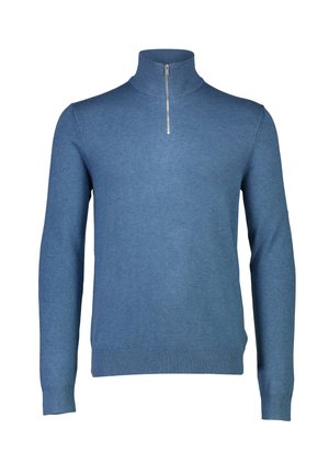 Maglione blu con colletto alto e mezza zip. Realizzato in tessuto morbido, presenta un design aderente con polsini e orlo a costine.