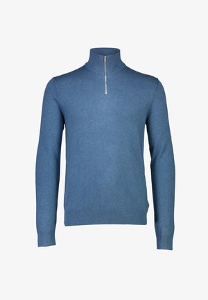 Blauer Pullover mit hohem Kragen und halbseitigem Reißverschluss. Aus weichem Stoff gefertigt, mit figurbetontem Design und gerippten Bündchen und Saum.
