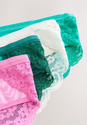 Four pairs of lace-trimmed panties in pink, dark green, white, and teal, showcasing a mix of solid and lace patterns.