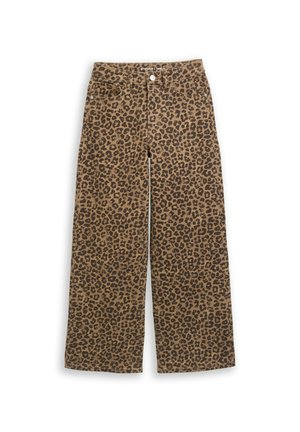 Spodnie o szerokich nogawkach w brązowo-czarny wzór w cętki lamparta, z przodu na guziki, z pętlami na pasek oraz kieszeniami z przodu i z tyłu, pokazane na płasko na białym tle.