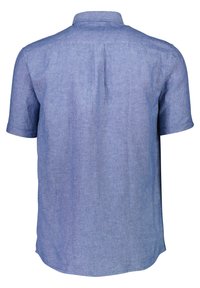 Camicia azzurro chiaro a maniche corte realizzata in tessuto texture, con colletto a punta e piega centrale sul retro. L'orlo è leggermente curvato.