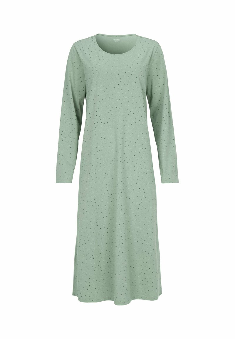 Grön bomullsklänning med långa ärmar, rundad halsringning och rak passform, med ett subtilt prickigt mönster över hela.