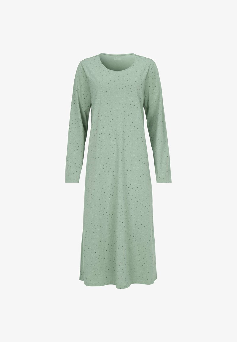 Grön bomullsklänning med långa ärmar, rundad halsringning och rak passform, med ett subtilt prickigt mönster över hela.