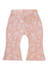 Pantalons en coton roses avec un motif marin blanc, featuring des coquillages, des étoiles de mer et du corail. Taille élastique et ouvertures de jambe évasées.