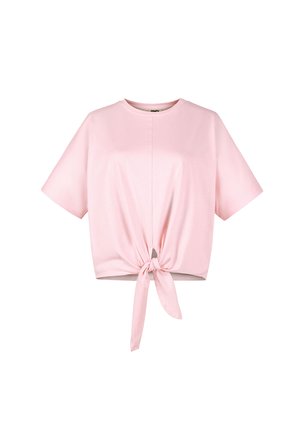 Roze cropped t-shirt gemaakt van zachte stof, met korte mouwen, een ronde halslijn en een geknoopte detail aan de voorkant.