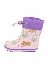 Botte de pluie imperméable rose avec un revers violet, ornée de motifs de lapins et d'ours, de pois colorés et d'une fermeture décorative à cordon.