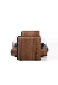 Platine en bois avec une finition en noyer, de forme rectangulaire, dotée d'un couvercle en verre transparent et d'accents noirs. Des contrôles distincts sont visibles.