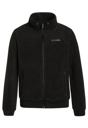 Czarna polarowa kurtka na zamek błyskawiczny, z wysokim kołnierzem, otworami na kciuki w mankietach, bocznymi kieszeniami oraz haftowanym napisem „Bench.” na lewej piersi.