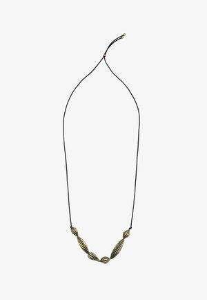 Schwarze Kordel-Halskette mit länglichen goldenen und schwarz gestreiften Perlen mit glatter Textur und verstellbarer Länge.