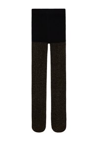 Fekete átlátszatlan harisnyanadrág magas derékkal, csillogó sötét arany színű alsó lábakkal és lábfejjel.