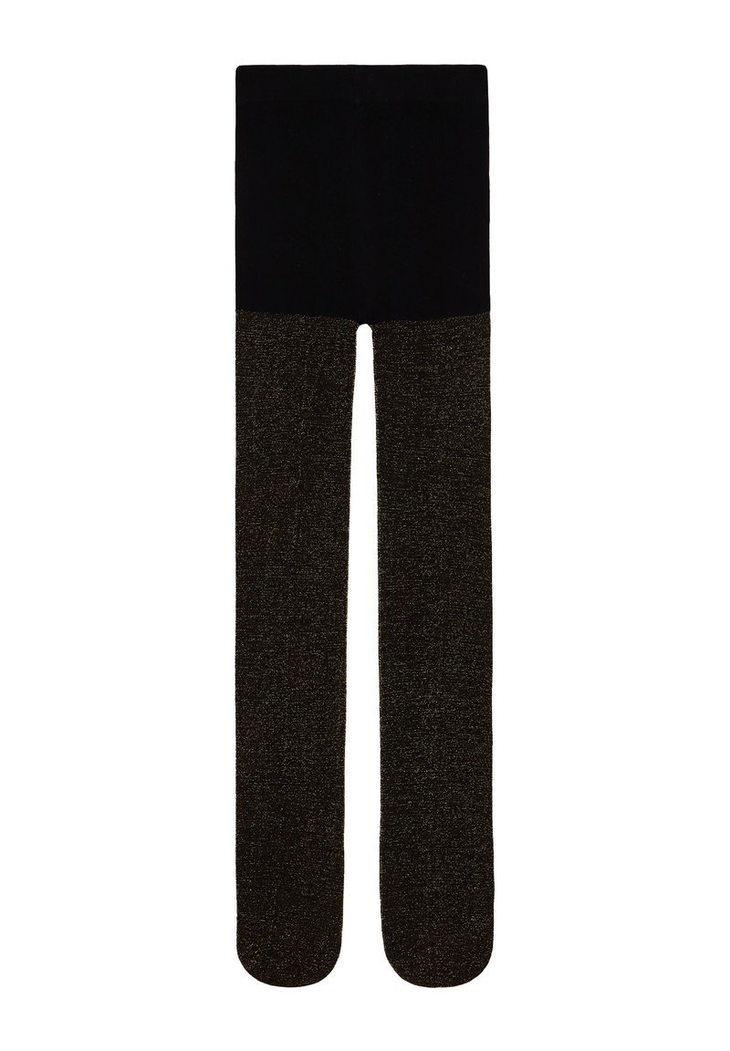 Fekete átlátszatlan harisnyanadrág magas derékkal, csillogó sötét arany színű alsó lábakkal és lábfejjel.