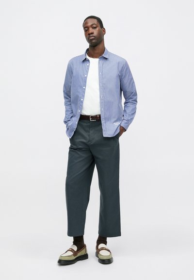Urmărește un cămașă cu dungi albastre și albe cu mânecă lungă, purtată peste un tricou alb, asociată cu pantaloni verzi închis și mocasini bicolori. Design simplu, croială casual.