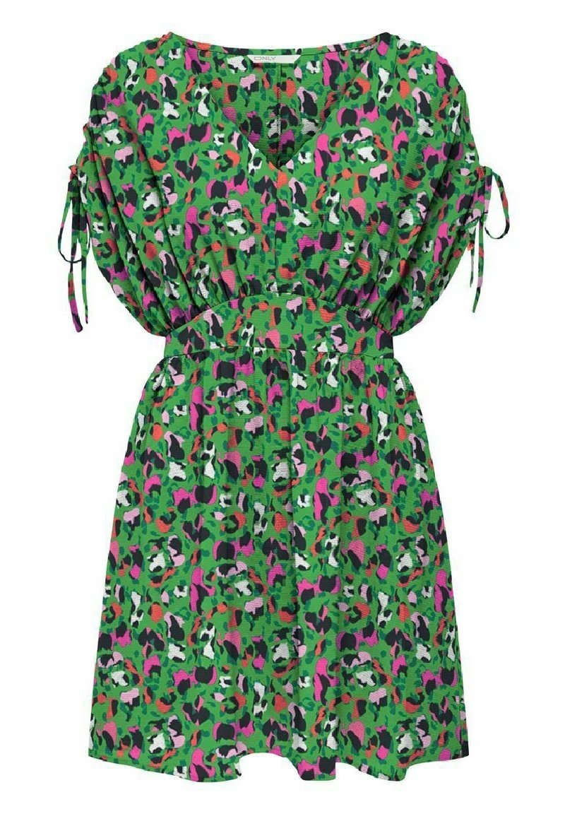 Robe courte verte avec imprimé léopard multicolore, col en V, taille froncée et manches courtes bouffantes avec détails de lien.