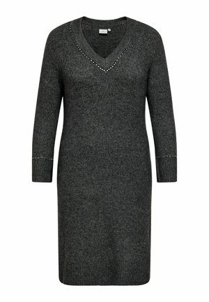 Temno siva pletena obleka z V-izrezom, dolgimi rokavi in dekorativnimi žebljički ob ovratniku in manšeta. Rebrasta tekstura pri rokavih in robu.