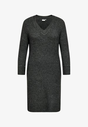 Dark gray knit dress with a V-neck, long sleeves, and decorative studs along the neckline and cuffs. Ribbed texture at sleeves and hem.