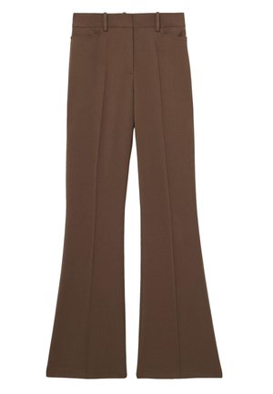 Pantaloni marroni a vita alta con modello svasato, passanti per cintura, tasche frontali e cuciture centrali visibili, mostrati distesi su sfondo bianco.