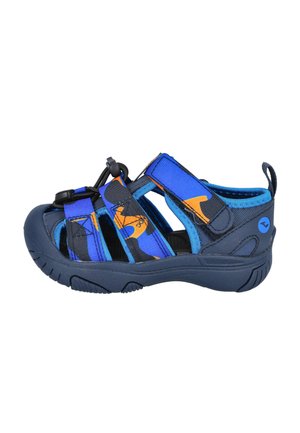 Sandalias abiertas de toe azul y marino con correas ajustables, que presentan un patrón abstracto naranja, suelas de goma y un sistema de ajuste para un calce seguro.
