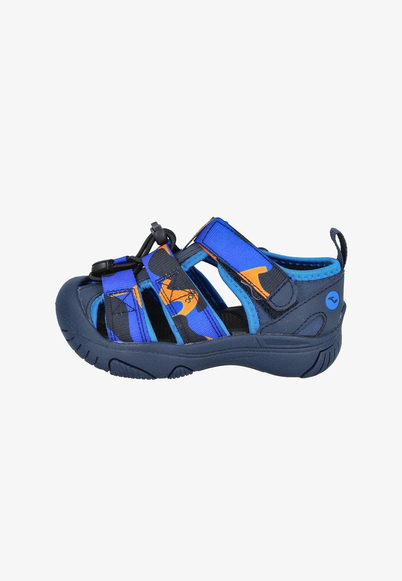 Sandalias abiertas de toe azul y marino con correas ajustables, que presentan un patrón abstracto naranja, suelas de goma y un sistema de ajuste para un calce seguro.